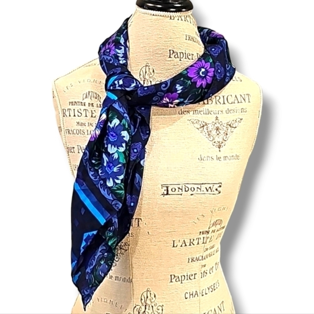 Harve Benard Purple And Blue Floral Print 100% Silk Scark - OS